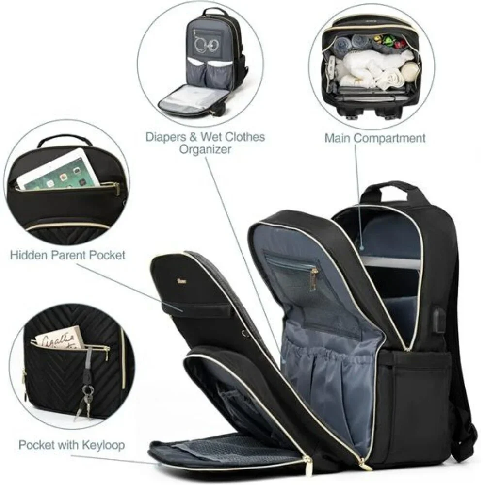 Large black diaper bag backpack quilted waterproof travel baby bag for mom dad